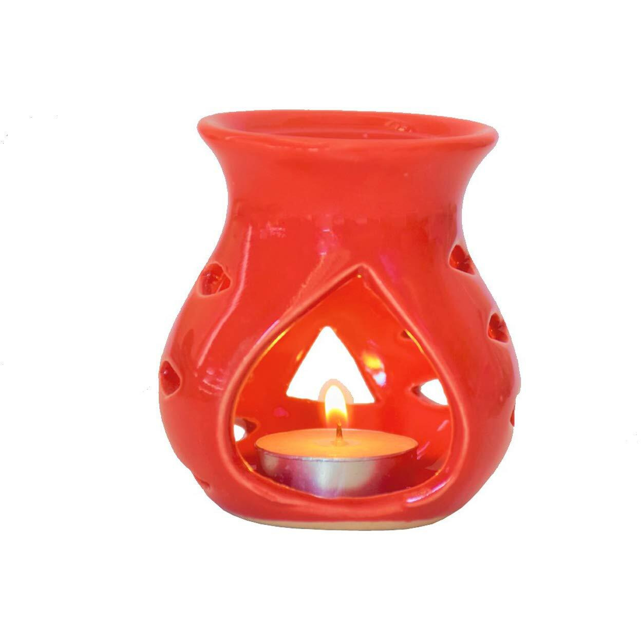 Air-Roma Ceramic Aroma Red Diffuser Burner With 10Ml Apple Spice Oil & 2 Pcs Candles