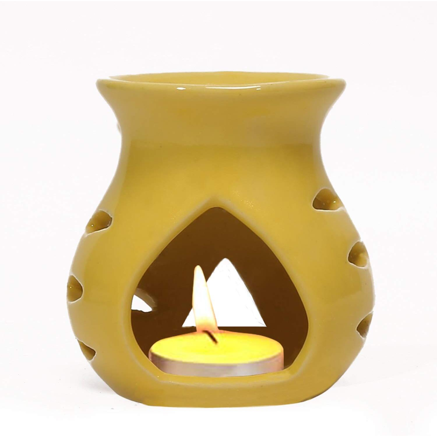 Air-Roma Ceramic Aroma Yellow Diffuser Burner With 10Ml Sea Blue Oil & 2 Pcs Candles|Strong & Long-Lasting Aroma