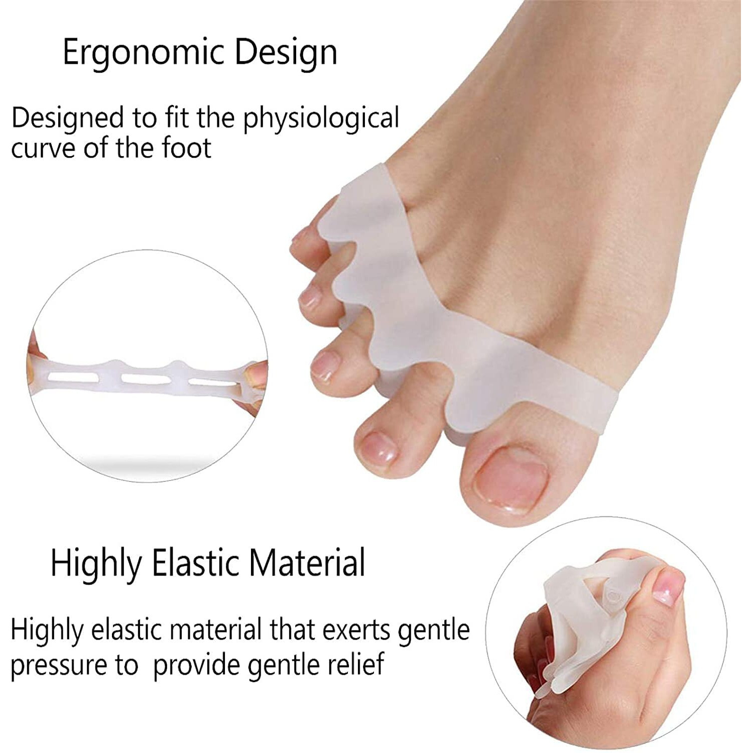 Suefor Silicone Gel Toe Separators, 5 Holes High Elastic Toe Straightener Hammer Hallux Valgus Corrector Pain Relief Toe Straightener Achilles Stretcher, Toe Spacers Bunion (White)