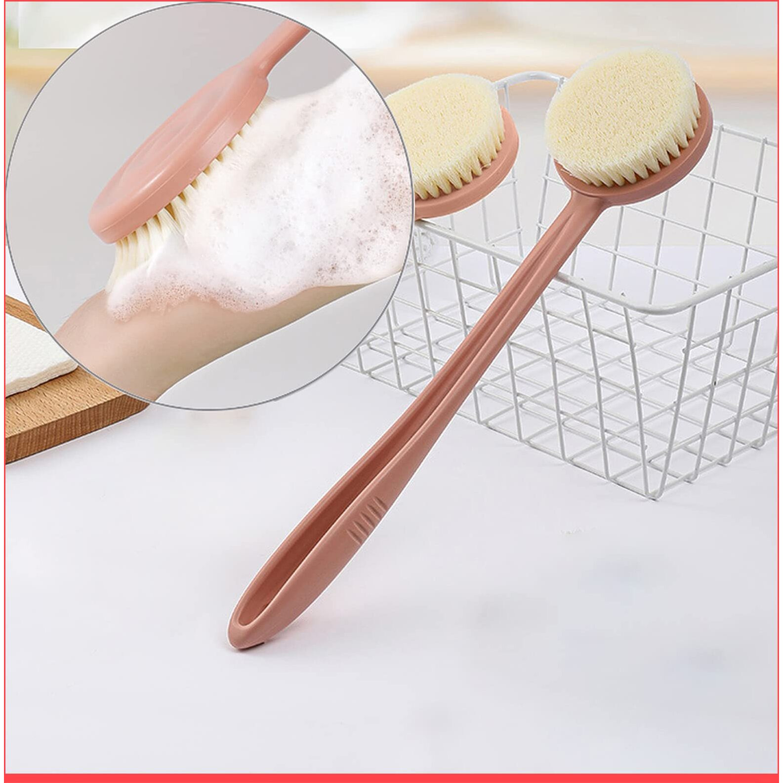 Wolpin 1 Pc Bath Brush Back Scrubber With Soft Brightening Bristles Long Handle Bathing, Spa Body Massage Pink