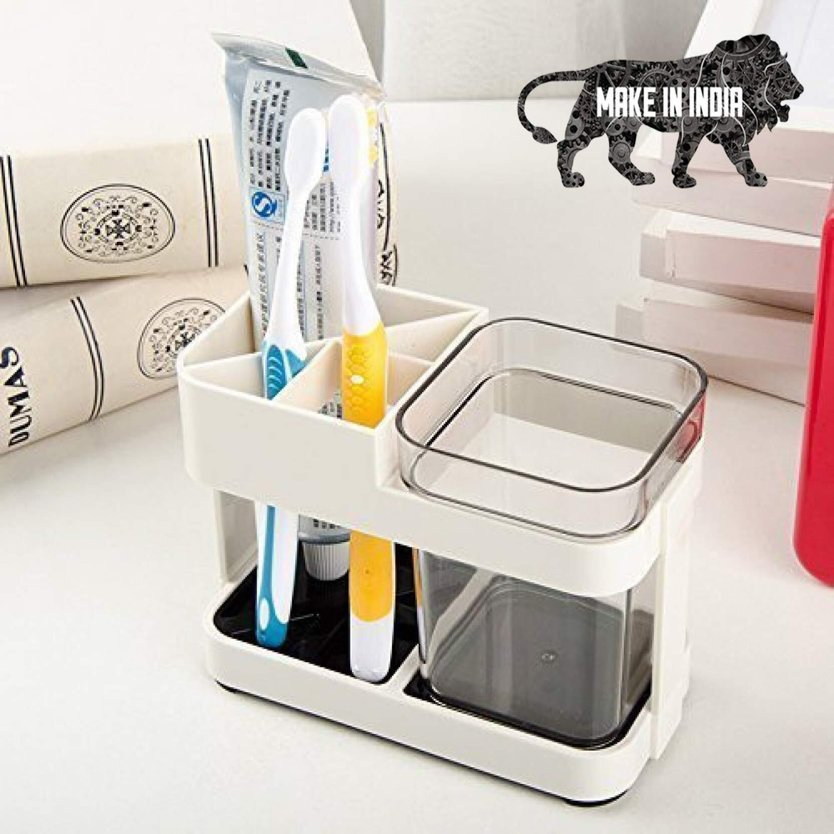 Inovera (Label) Plastic Bathroom Toothbrush Toothpaste Holder Stand Storage Organizer, Off White, Pack Of 1