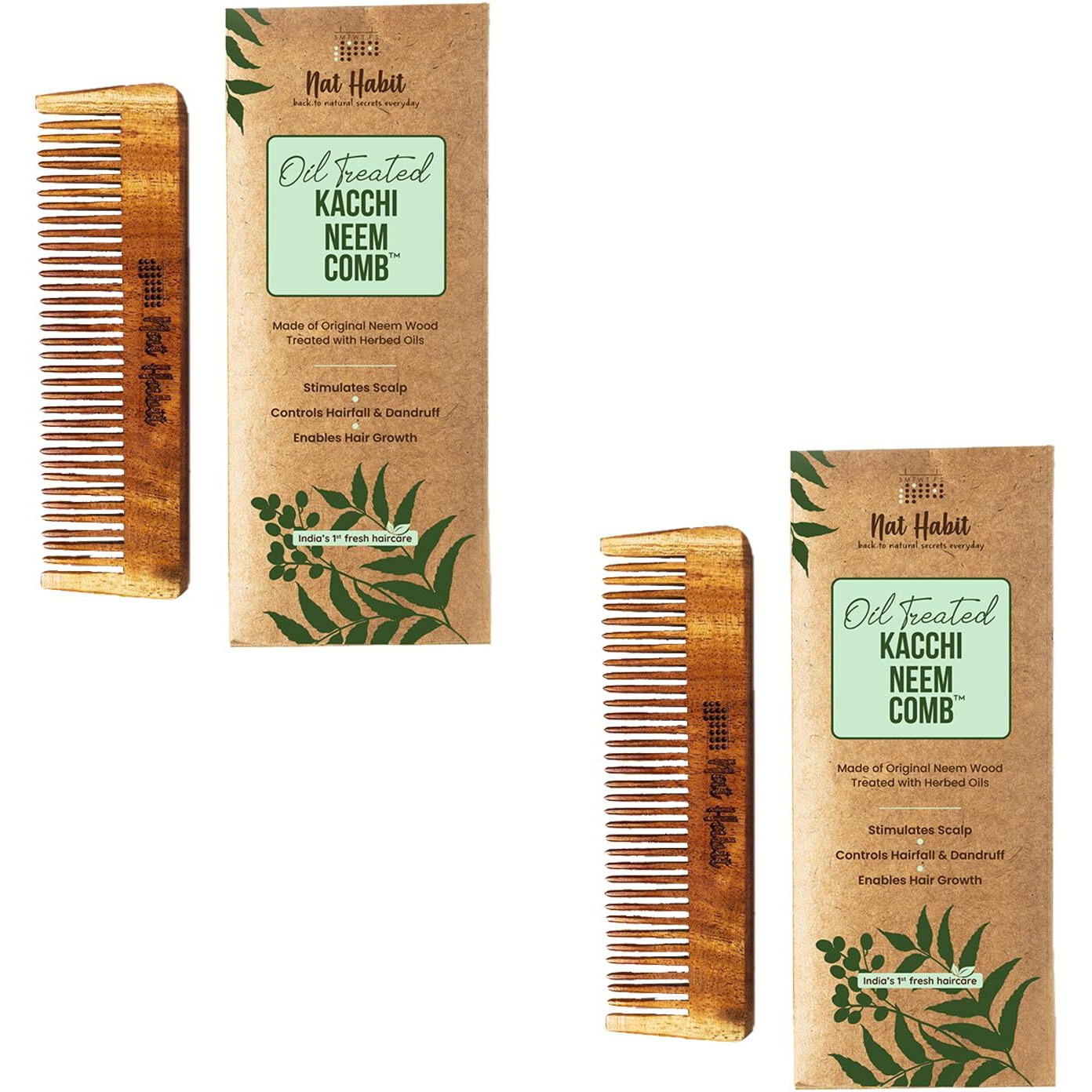 Nat Habit Kacchi Neem Wooden Pocket Comb - Soaked In 17 Herbs, Neem & Sesame Oil - Pocket-Sized & Travel-Friendly For Men & Kids Short Hair (Fine Tooth Pack Of 2)