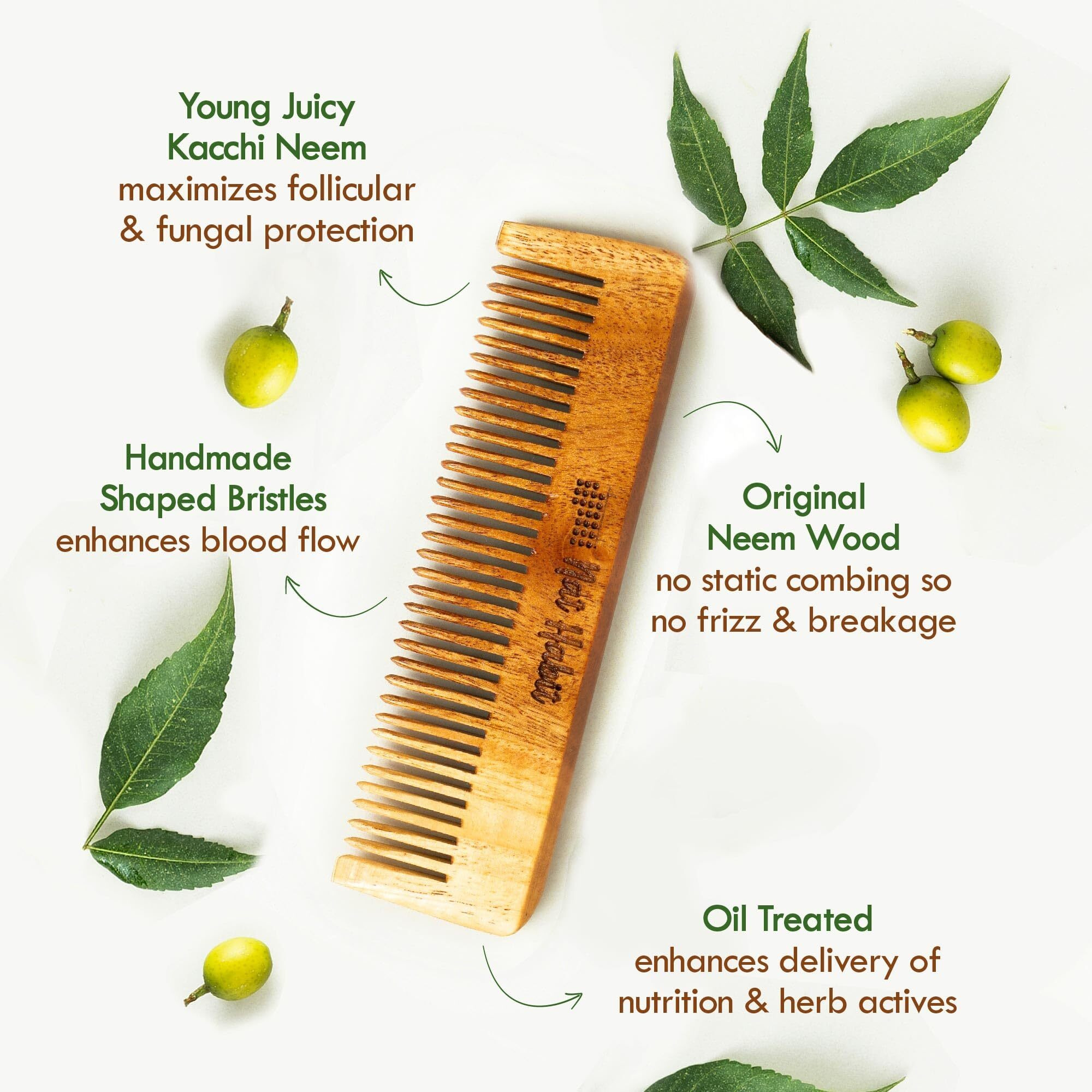 Nat Habit Kacchi Neem Wooden Pocket Comb - Soaked In 17 Herbs, Neem & Sesame Oil - Pocket-Sized & Travel-Friendly For Men & Kids Short Hair (Fine Tooth Pack Of 2)