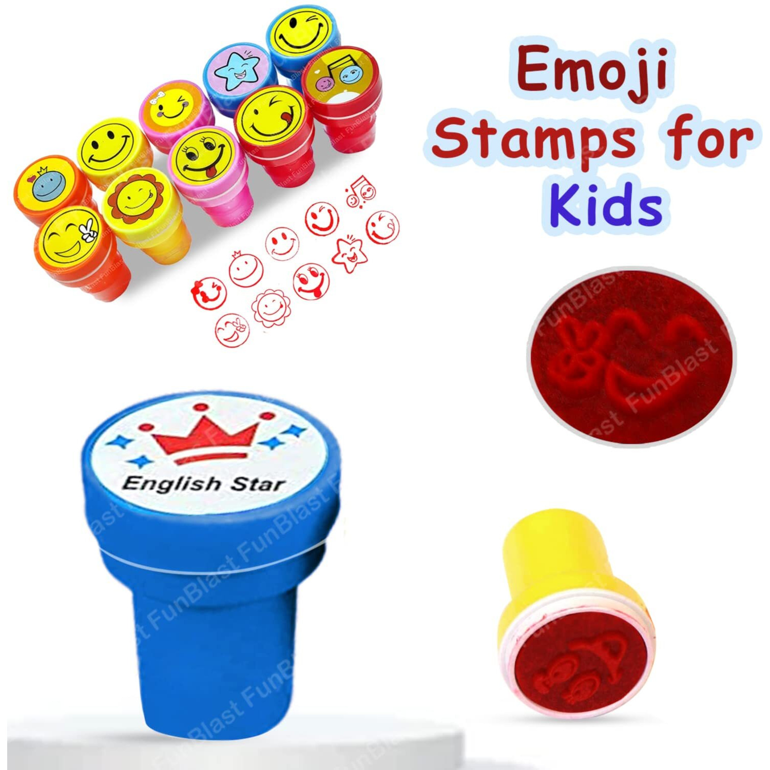 Funblast 10 Pcs Emoji Stamps For Kids -Plastic Stamper Toys Art And Craft School Supplies Toys For Kids/Boys/Girls - Multi Color
