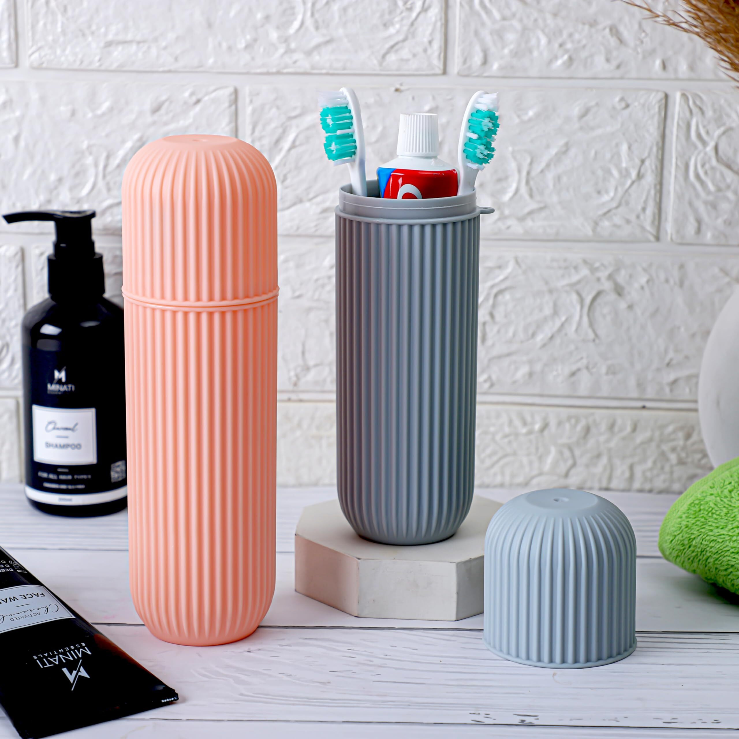 Zollyss 2Pc Capsule Shape Travel Toothbrush Toothpaste Case Holder Portable Toothbrush Storage Plastic Toothbrush Holder , Multi-Coloured