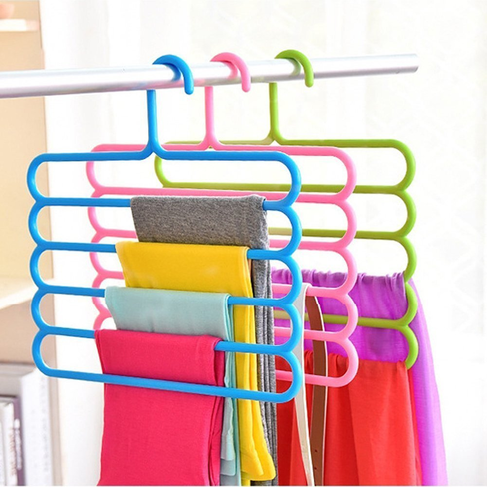Inovera (Label) Plastic Inovera 5 Layer Pants Clothes Hanger Wardrobe Storage Organizer Rack (Set Of 3), 33L X 1B X 32H Cm (Assorted Colour)
