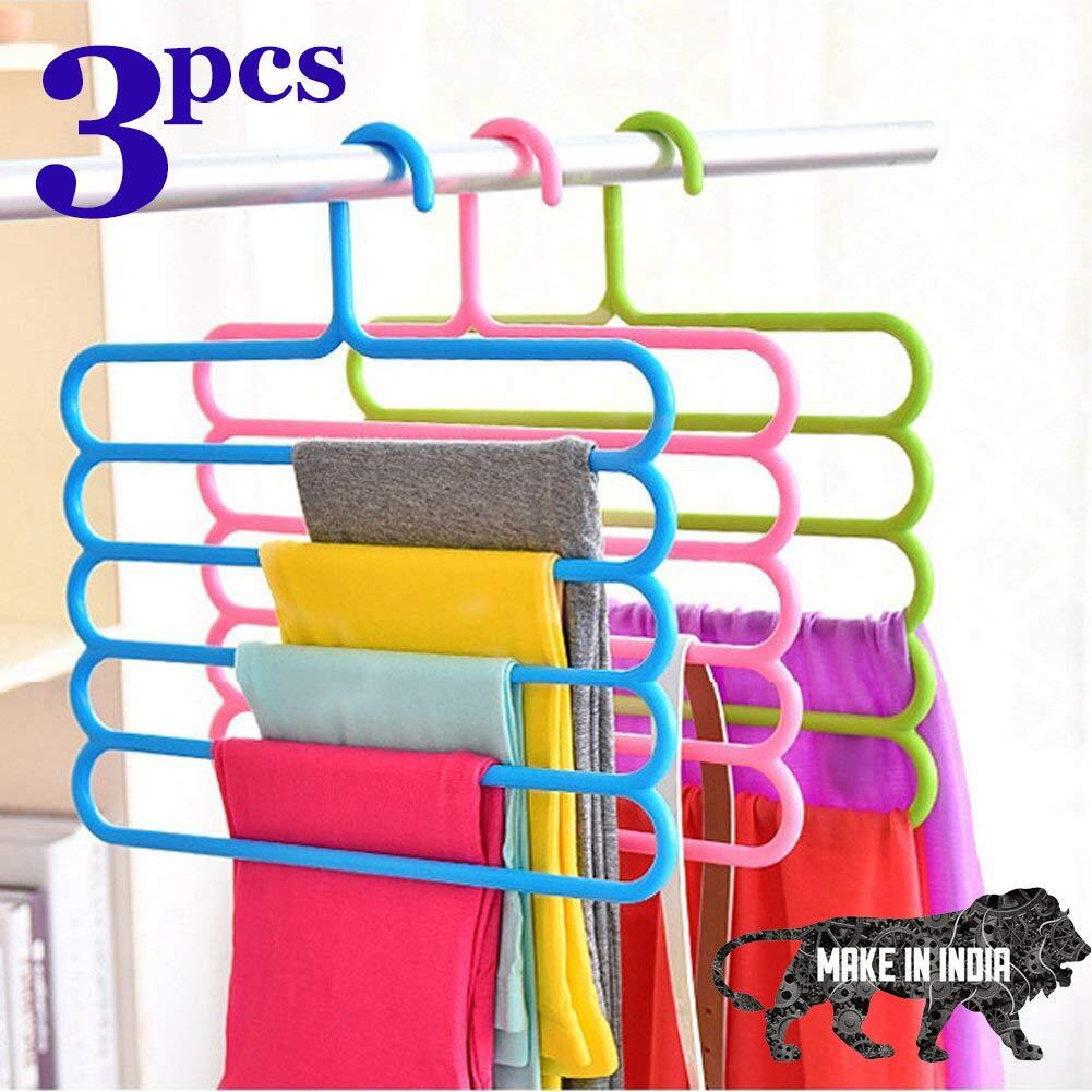 Inovera (Label) Plastic Inovera 5 Layer Pants Clothes Hanger Wardrobe Storage Organizer Rack (Set Of 3), 33L X 1B X 32H Cm (Assorted Colour)