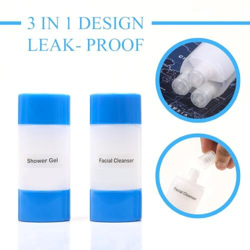 Inovera (Label) 4 Piece Refillable Travel Bottles For Toiletries - 3 In 1 Plastic Shampoo, Cream, Conditioner, Lotion Storage Container - Travelling Accessories (Blue)