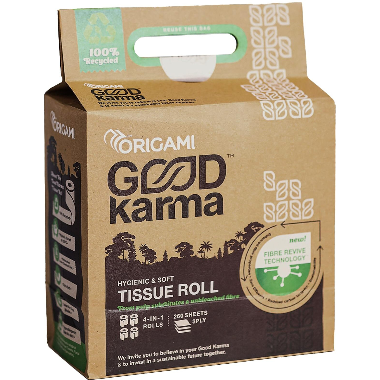 Origami Good Karma 3 Ply Eco-Friendly Unbleached Toilet Tissue Paper Roll - Pack Of 4 (260 Pulls Per Roll, 1040 Sheets)