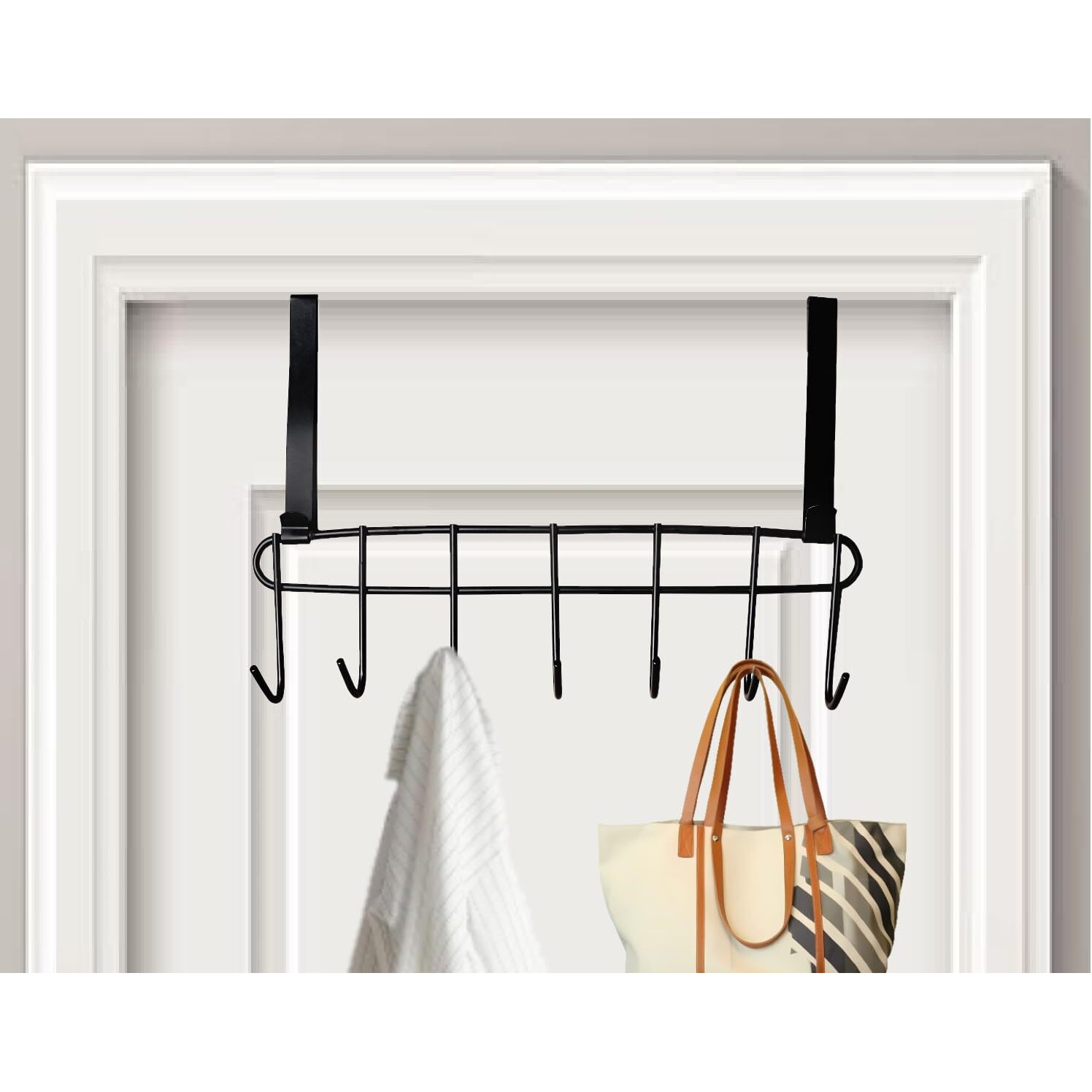 Konquer Times Heavy Duty Stainless Steel Over The Door Hook Hanger Organizer/Wall Hook Rack, No Drilling Required (Black)