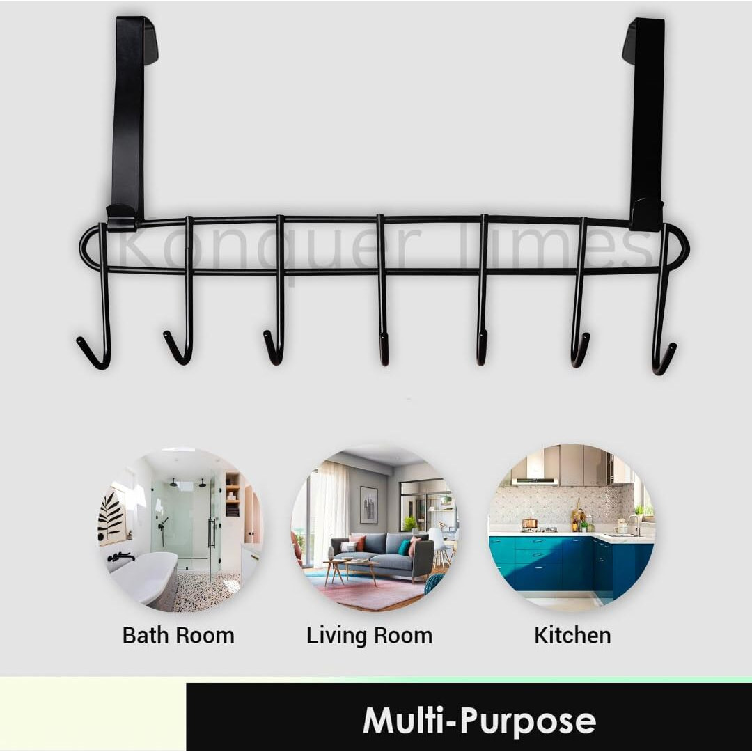 Konquer Times Heavy Duty Stainless Steel Over The Door Hook Hanger Organizer/Wall Hook Rack, No Drilling Required (Black)