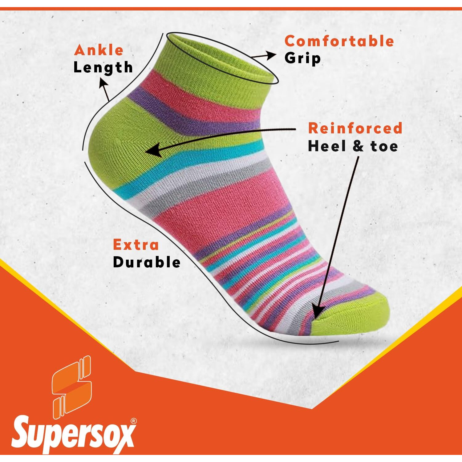 Supersox Ankle Socks For Women Made With Premium Cotton. Stylish Striped Design With Extra Softness, Anti Odour & Anti Bacterial - Free Size, Multicolor (Ankle Length)
