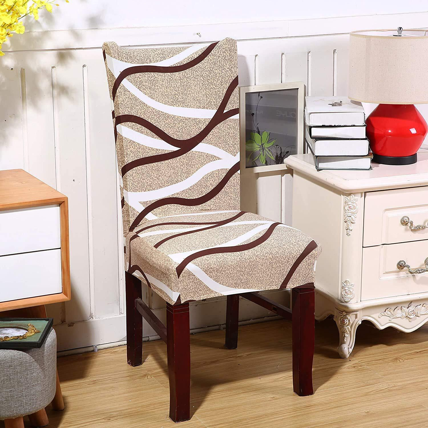 Styleys Stretchable Polyester Blend Printed Washable & Elastic Dining Chair Seat Case Covers Protector, Slipcover (Slmc111 Large, White/Brown Wave, Set Of 1)