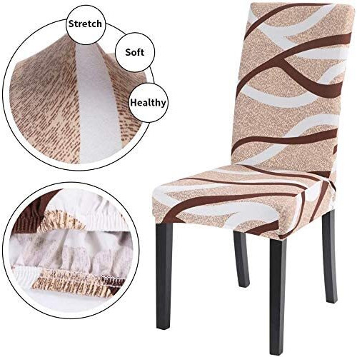 Styleys Stretchable Polyester Blend Printed Washable & Elastic Dining Chair Seat Case Covers Protector, Slipcover (Slmc111 Large, White/Brown Wave, Set Of 1)