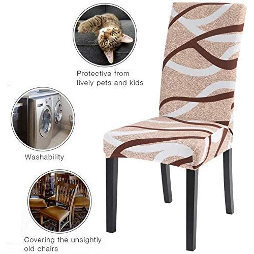 Styleys Stretchable Polyester Blend Printed Washable & Elastic Dining Chair Seat Case Covers Protector, Slipcover (Slmc111 Large, White/Brown Wave, Set Of 1)