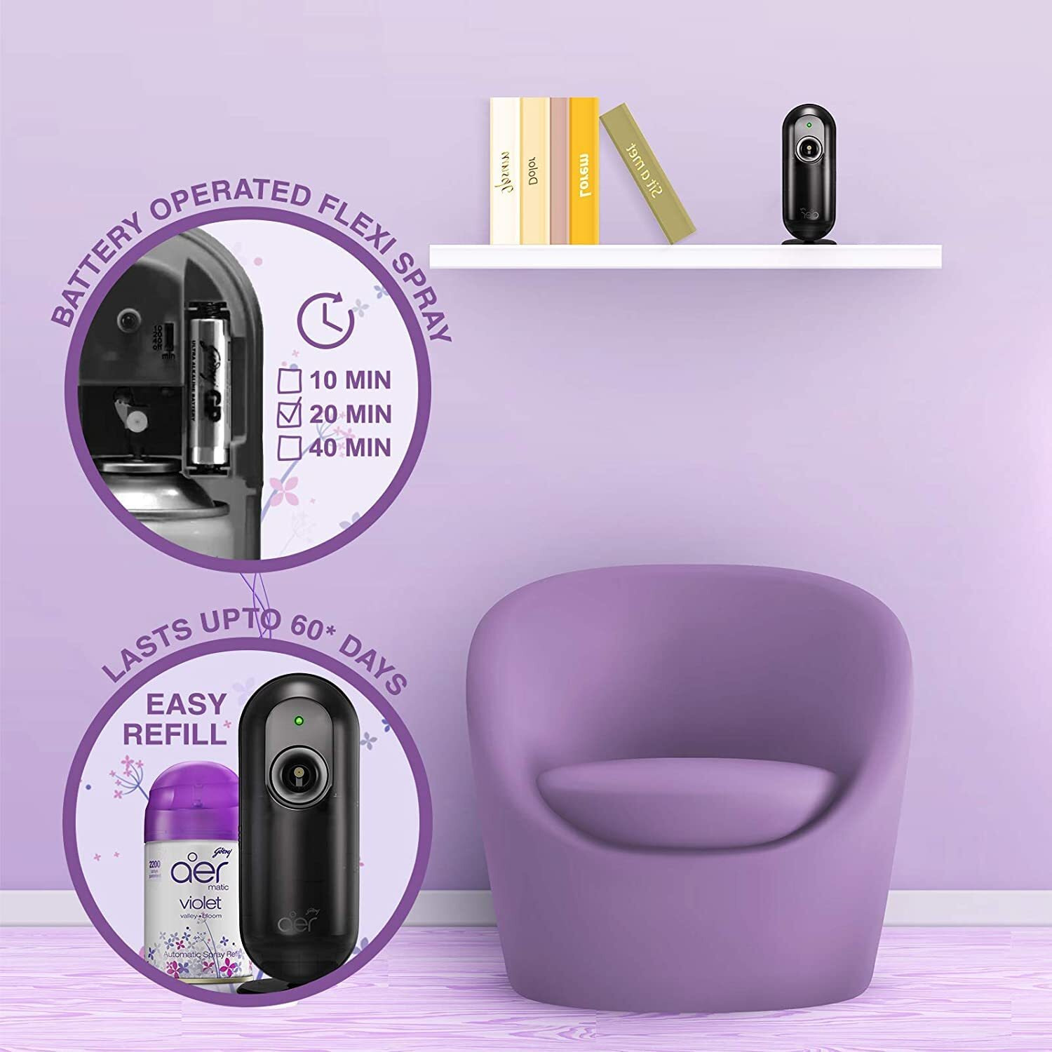 Godrej Aer Matic Refill - Automatic Room Fresheners | Violet Valley Bloom | 2200 Sprays Guaranteed | Lasts Up To 60 Days (225Ml)