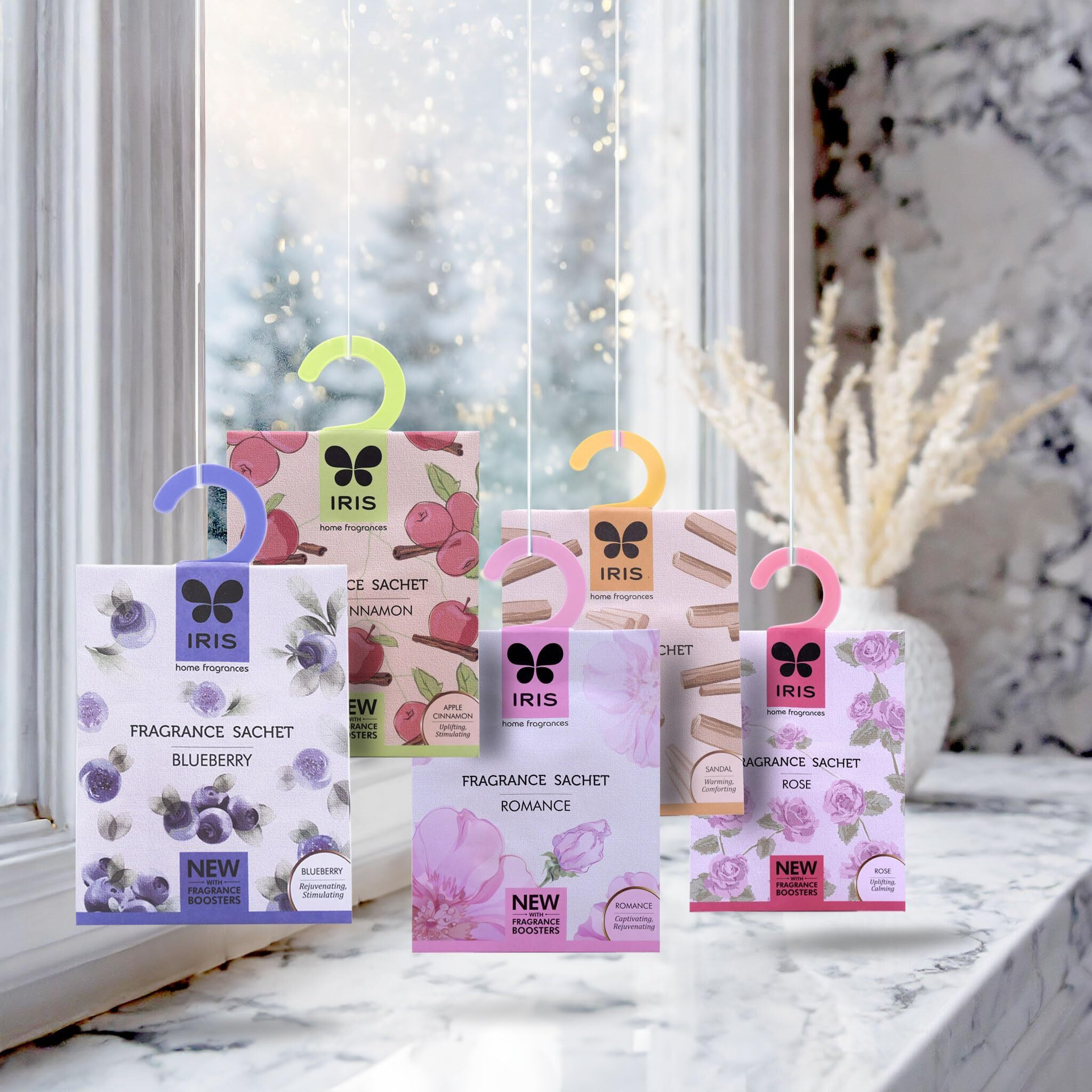 Iris Home Fragrance Sachets - Pack Of 5-10G Each - Apple Cinnamon, Romance, Sandal, Blueberry And Lavender - Airfreshner For Your Wardrobe, Drawer, Kitchen And Travel Bags