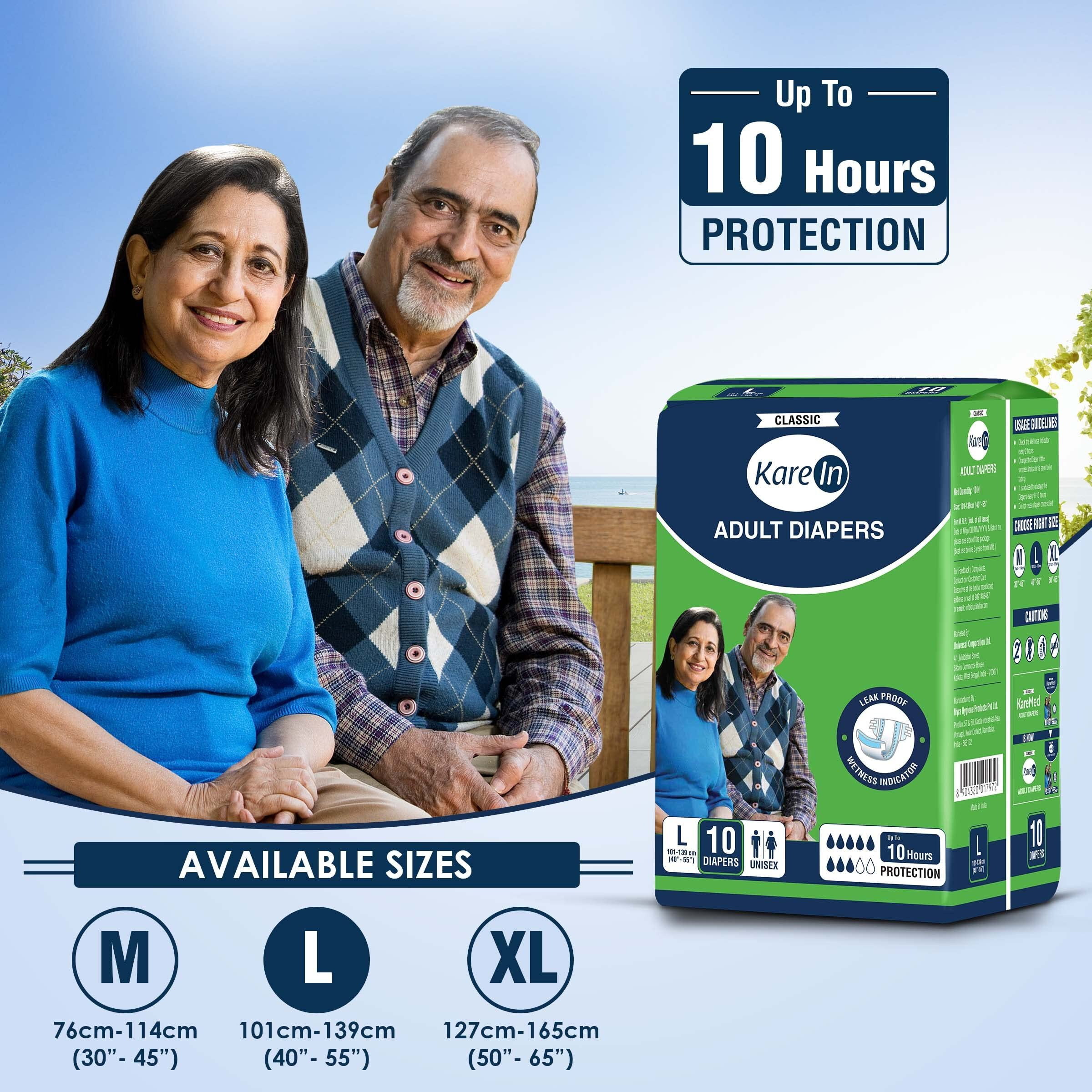 Karein Classic Adult Diapers, Large, Waist Size 101-139 Cm (40"-55"), 10 Count, Tape Style, Unisex, High Absorbency, Leak Proof, Wetness Indicator