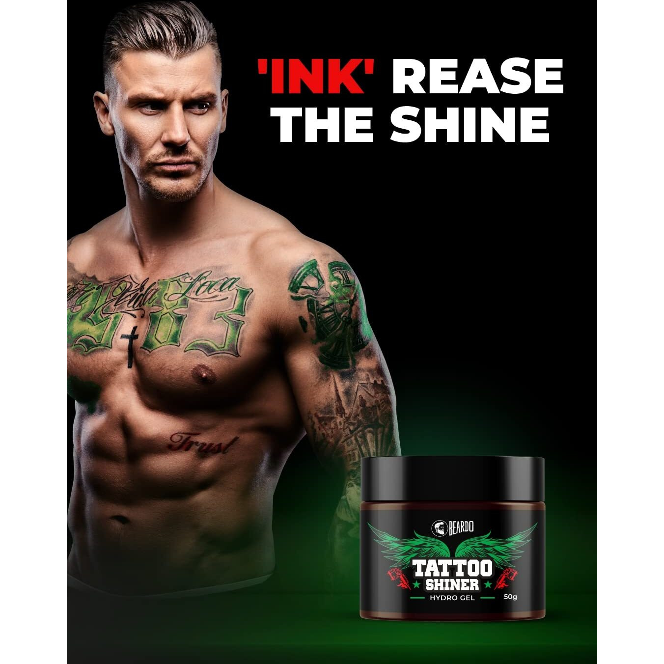 Beardo Tattoo Shiner Gel, 50G | Hydro Gel Heals & Maintains Tattoo Ink | Tattoo Gel For Men With Almond Oil & Turmeric Extract | Brightens & Shines Tatoo For Men