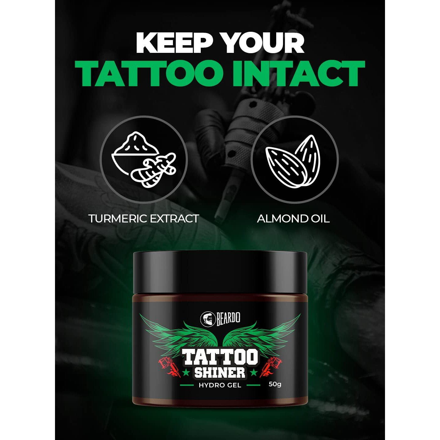 Beardo Tattoo Shiner Gel, 50G | Hydro Gel Heals & Maintains Tattoo Ink | Tattoo Gel For Men With Almond Oil & Turmeric Extract | Brightens & Shines Tatoo For Men