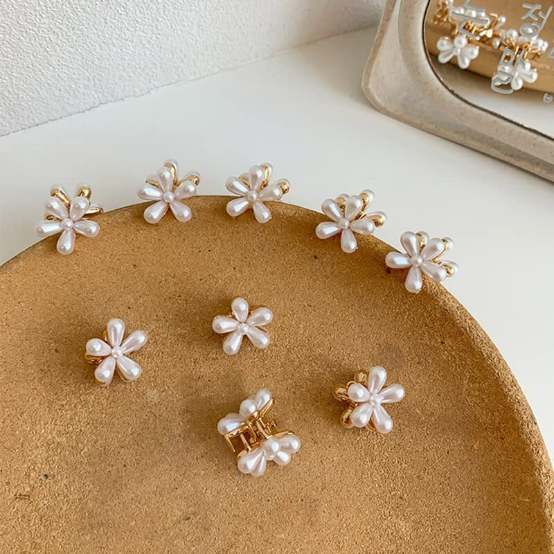 Starvis 10 Pcs White Pearl Mini Claw Metal Clips Flower Design Small Clutcher Barrettes Hair Accessories For Women And Girls