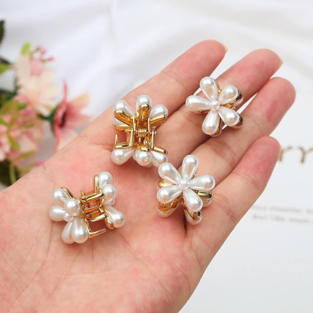 Starvis 10 Pcs White Pearl Mini Claw Metal Clips Flower Design Small Clutcher Barrettes Hair Accessories For Women And Girls