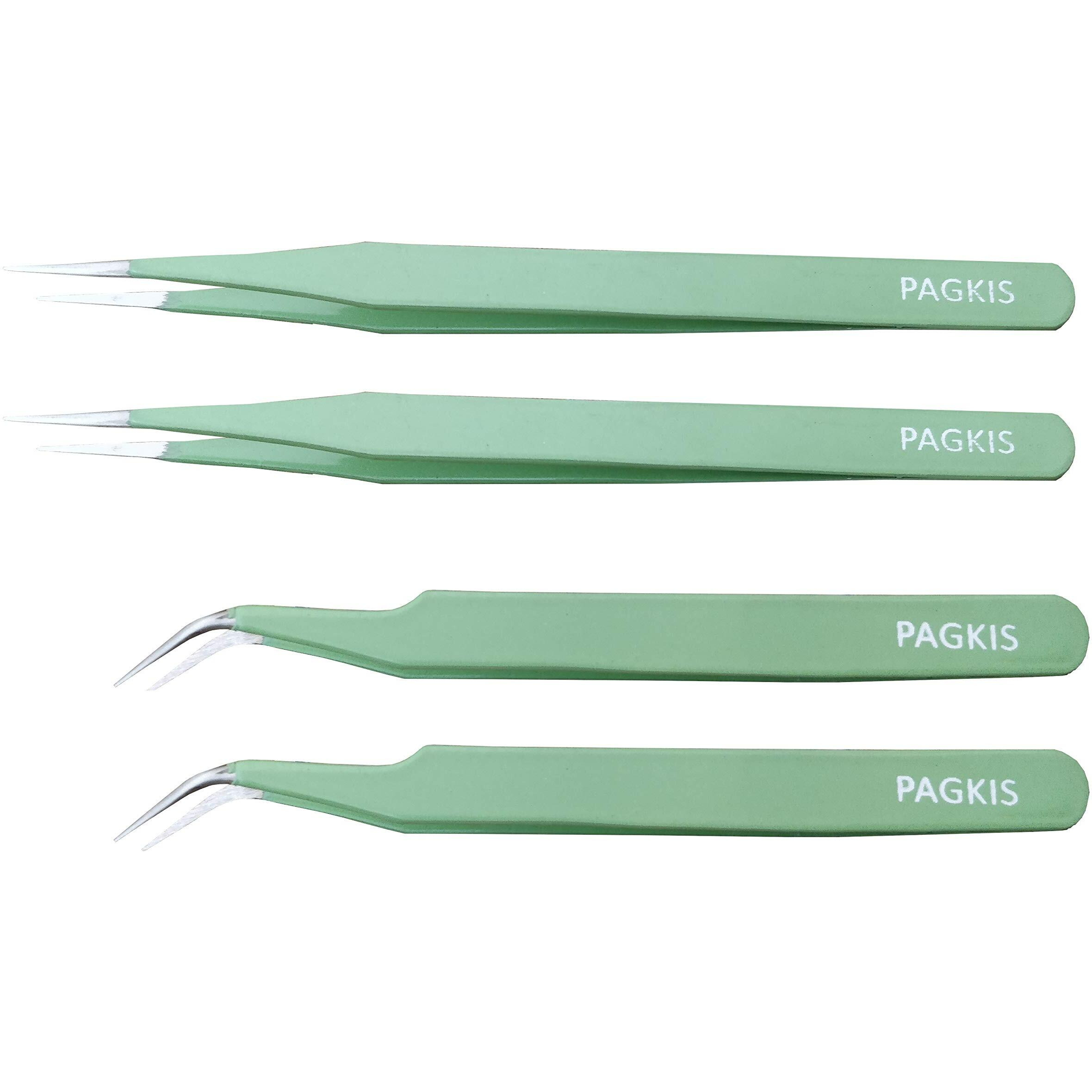 Pagkis Esd Safe Anti-Static Tweezers (Green, Pack Of 4, Straight & Curved Pointed)