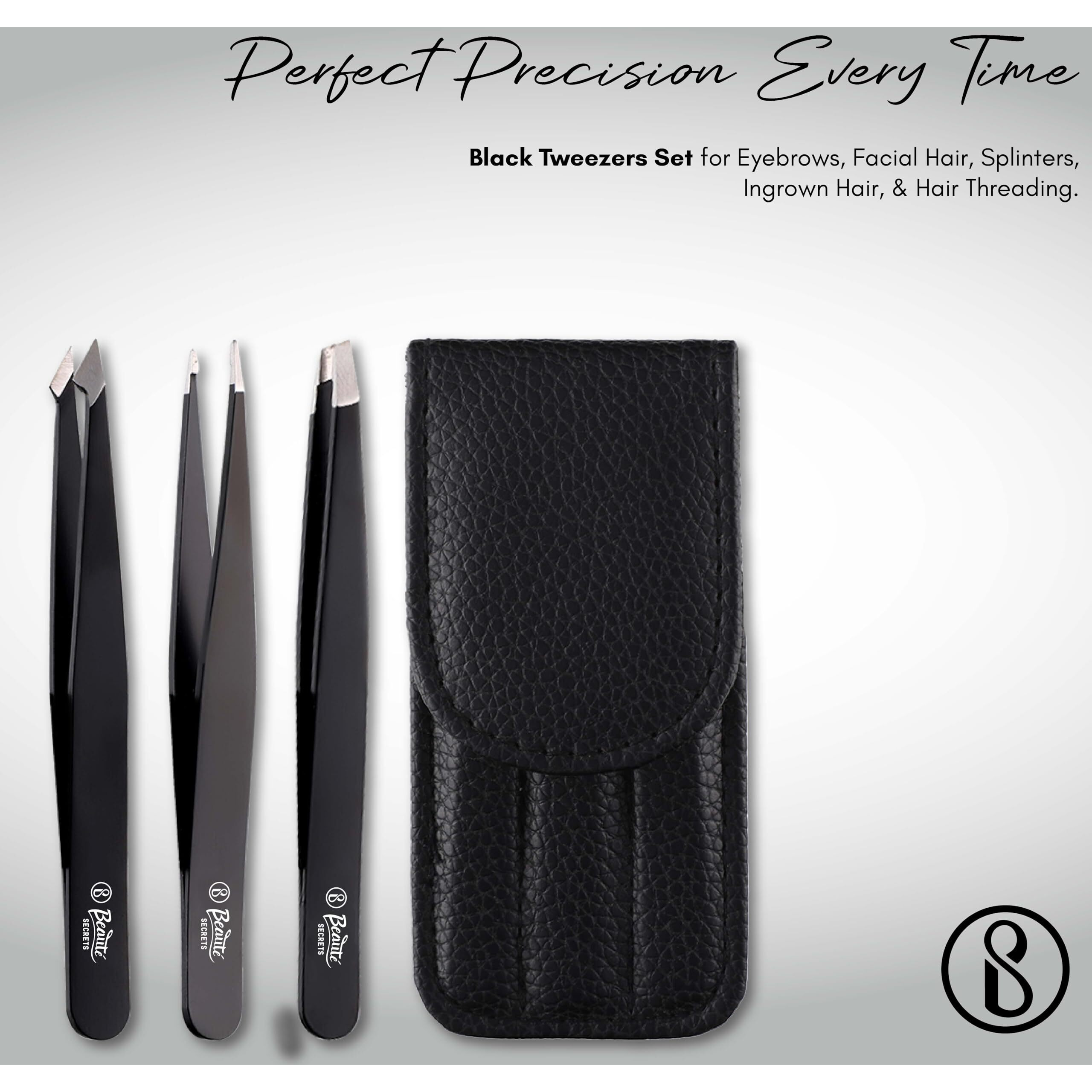 Beaut Secrets Tweezers Set - Tweezers For Eyebrows - Great Precision Plucker For Facial Hair, Splinter And Ingrown Hair Removal, Hair Threading(Black)