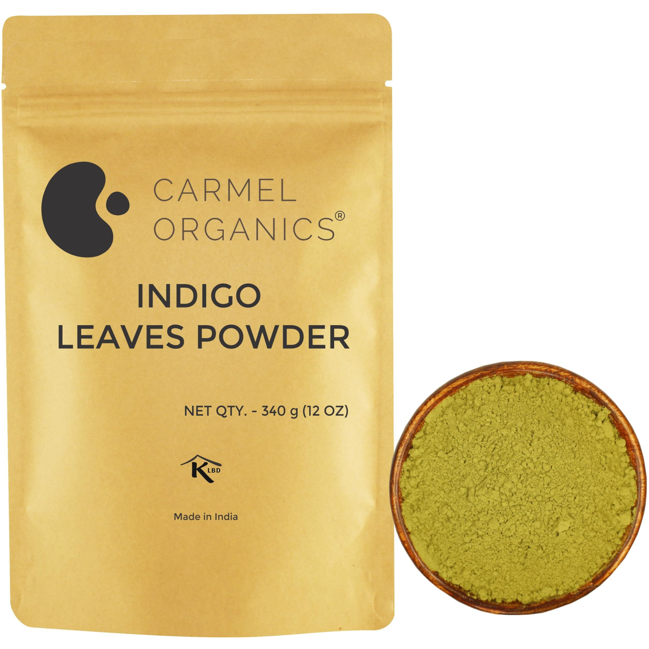 Carmel Organics Indigo Leaves Powder (340 Grams)  Natural Hair Colorant For Black/Brown Hair, Includes Gloves & Hair Cap, No Added Colors Or Preservatives, Avuri Akulu, Indigofera Tinctoria
