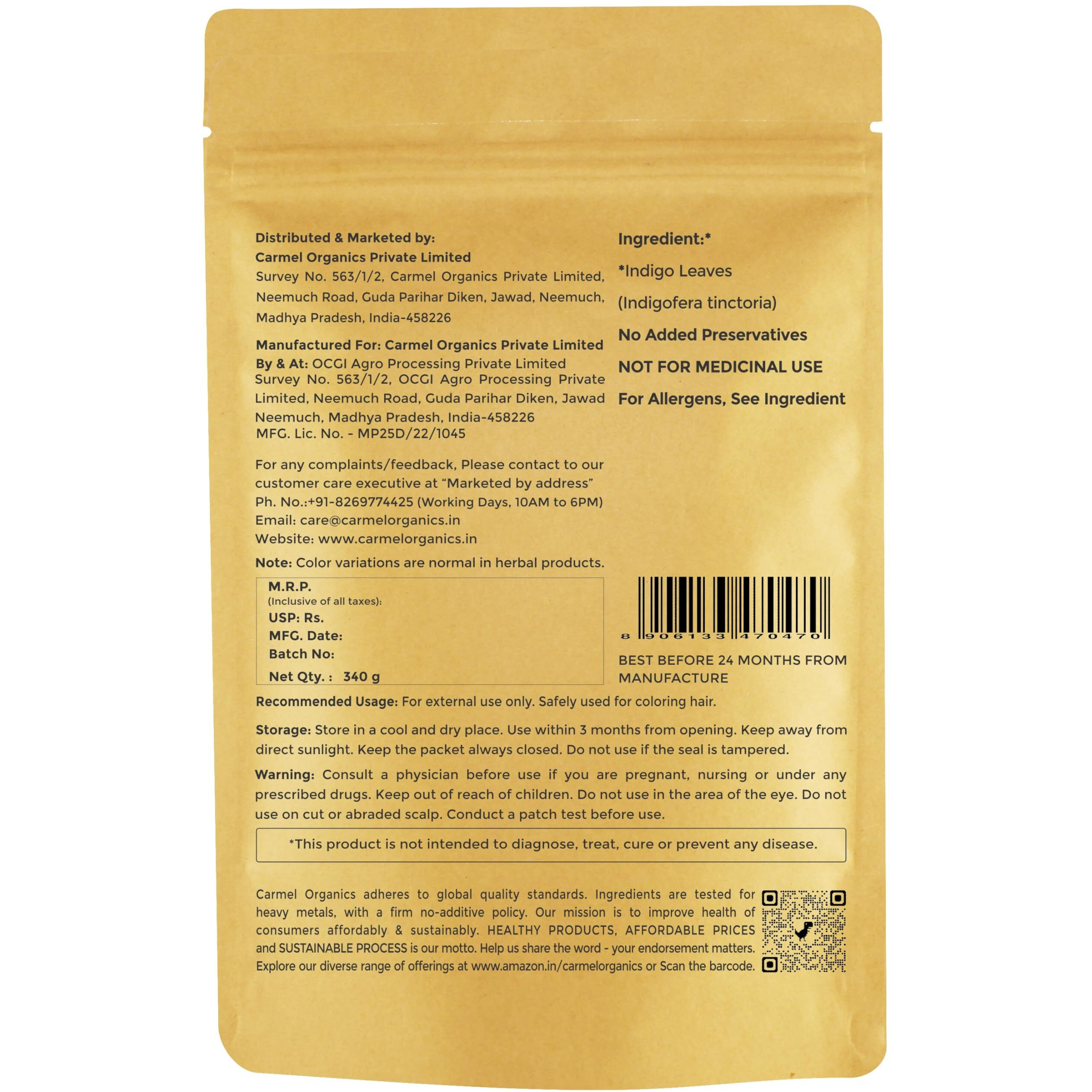 Carmel Organics Indigo Leaves Powder (340 Grams)  Natural Hair Colorant For Black/Brown Hair, Includes Gloves & Hair Cap, No Added Colors Or Preservatives, Avuri Akulu, Indigofera Tinctoria