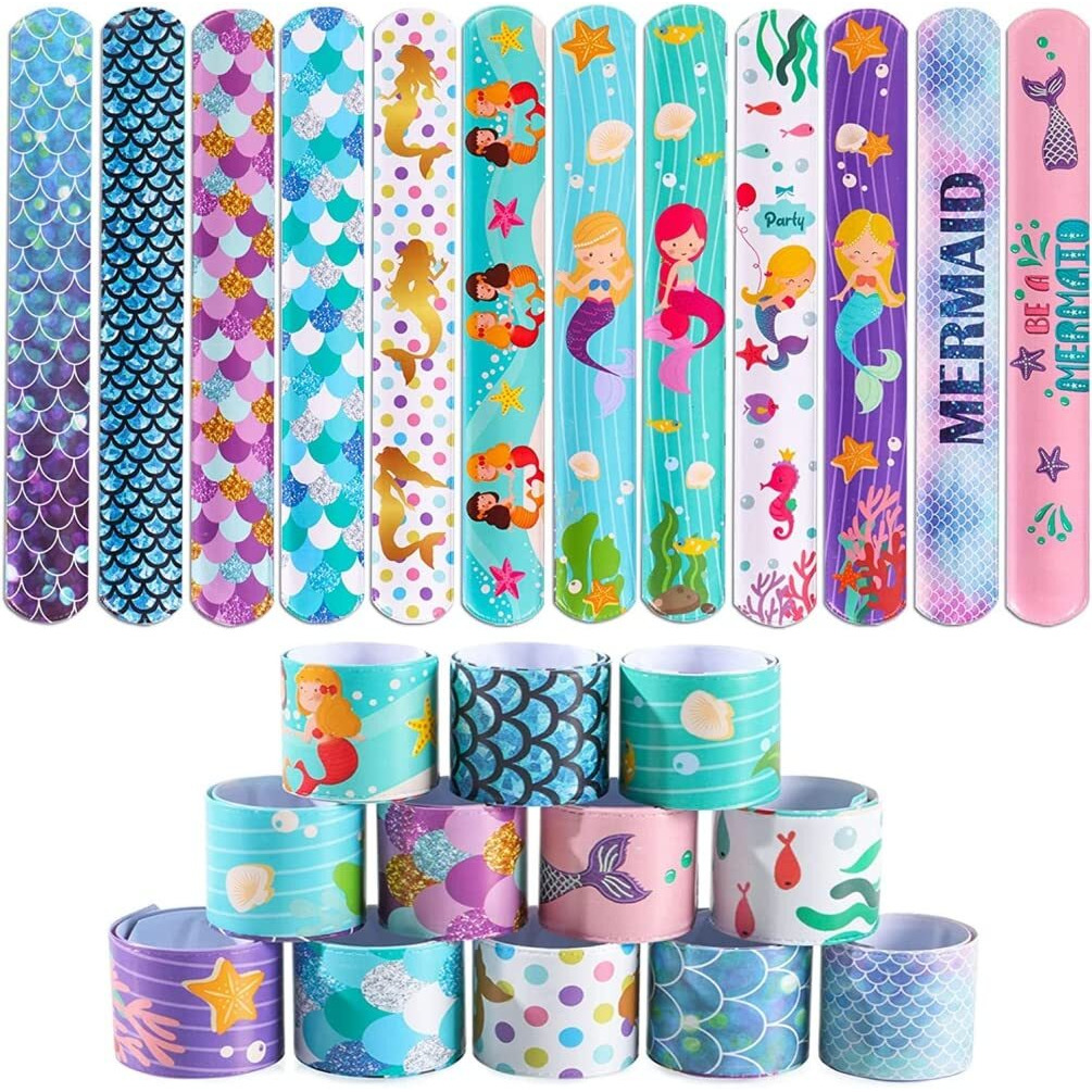 Astonandia 12 Pcs Mermaid Theme Slap Bracelets Bands Mermaid Slap Bands For Kids Birthday Party Return Gifts For Boys Girls(Band Pattern Random) (Mermaid)