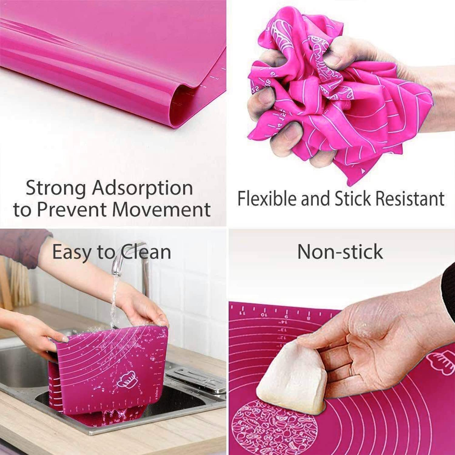 Zelkey Silicon Fondant Rolling Mat Or Silicone Baking Sheet Large With Measurements Stretchable For Kitchen Roti Chapati Cake Pad Cooking Dough Atta Kneading Big Size (Pink)