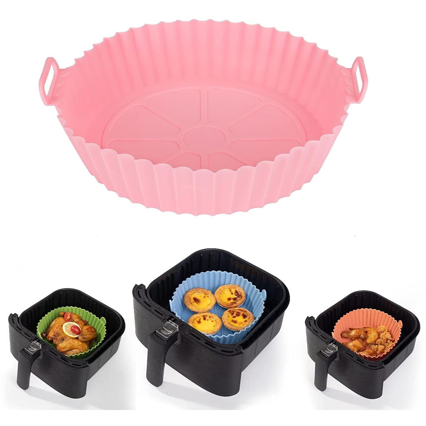 Zelkey 1 Pcs Air Fryer Liners I Round Silicone Basket Baking Tray I Pot With Ear Handles I Nonstick Reusable Heat Resistant I Cooking Oven Insert Accessories - Multicolor (Pack Of 1, 8 Inch)