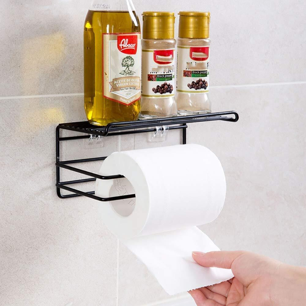 Zollyss 1 Pc Adhesive Toilet Paper Holder With Shelf Tissue Paper Roll Towel Holder Storage Rack - (Standard Size, Black)