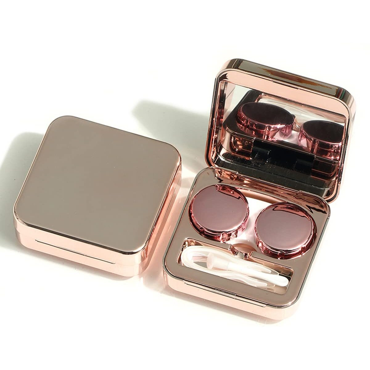 Wolpin Plastic Travel Contact Lens Case Box Case With Mirror, Leakproof, Potable For Man And Women (Rose Gold) - 1 Pc