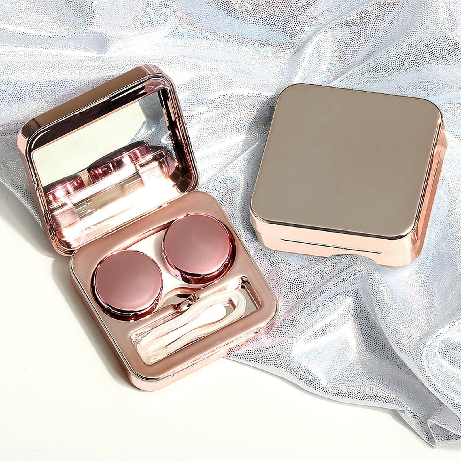 Wolpin Plastic Travel Contact Lens Case Box Case With Mirror, Leakproof, Potable For Man And Women (Rose Gold) - 1 Pc