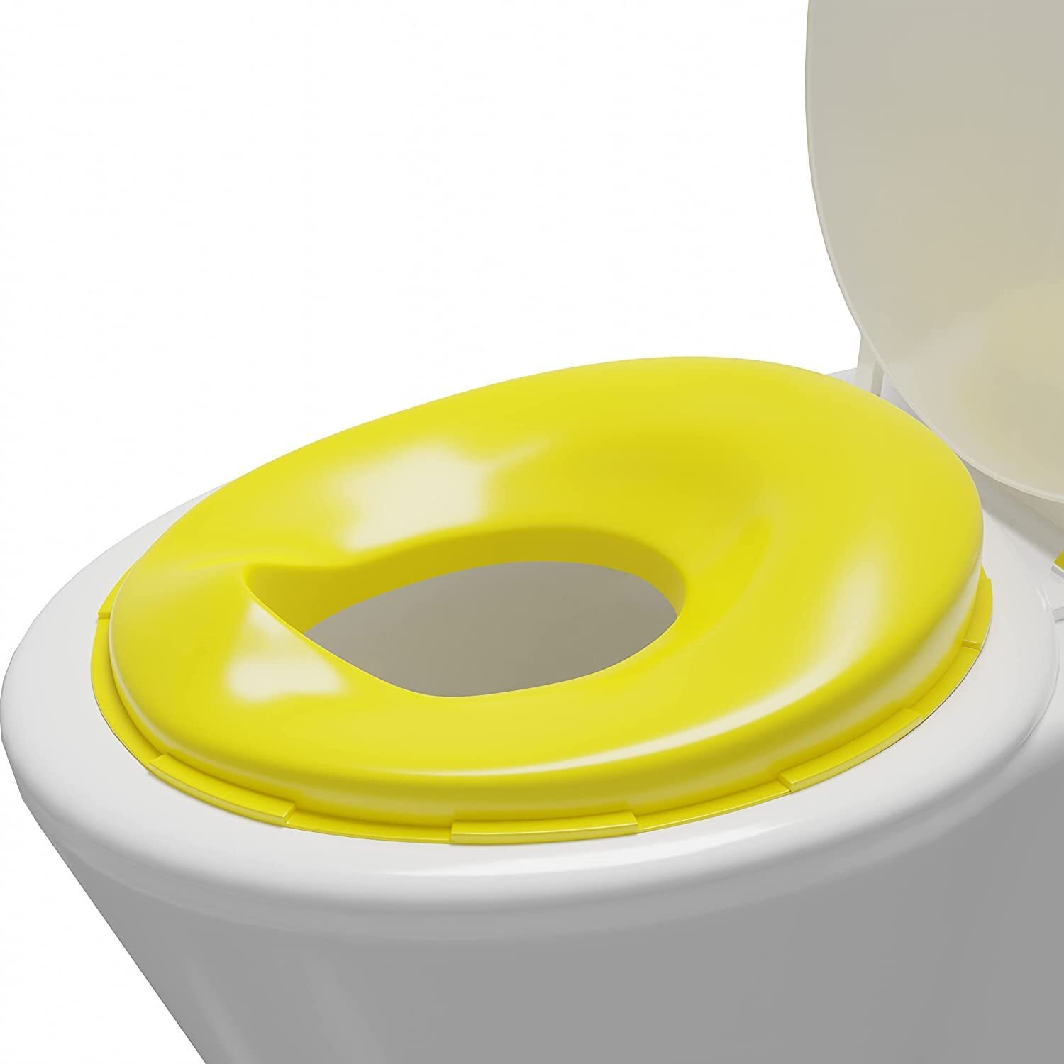 Techhark Plastic Baby Potty Training Toilet Seat For Boys And Girls Kids, Non-Slip With Splash Guard, Fits Round & Oval Toilets, Free Includes Storage Hook (Yellow), 1 Count