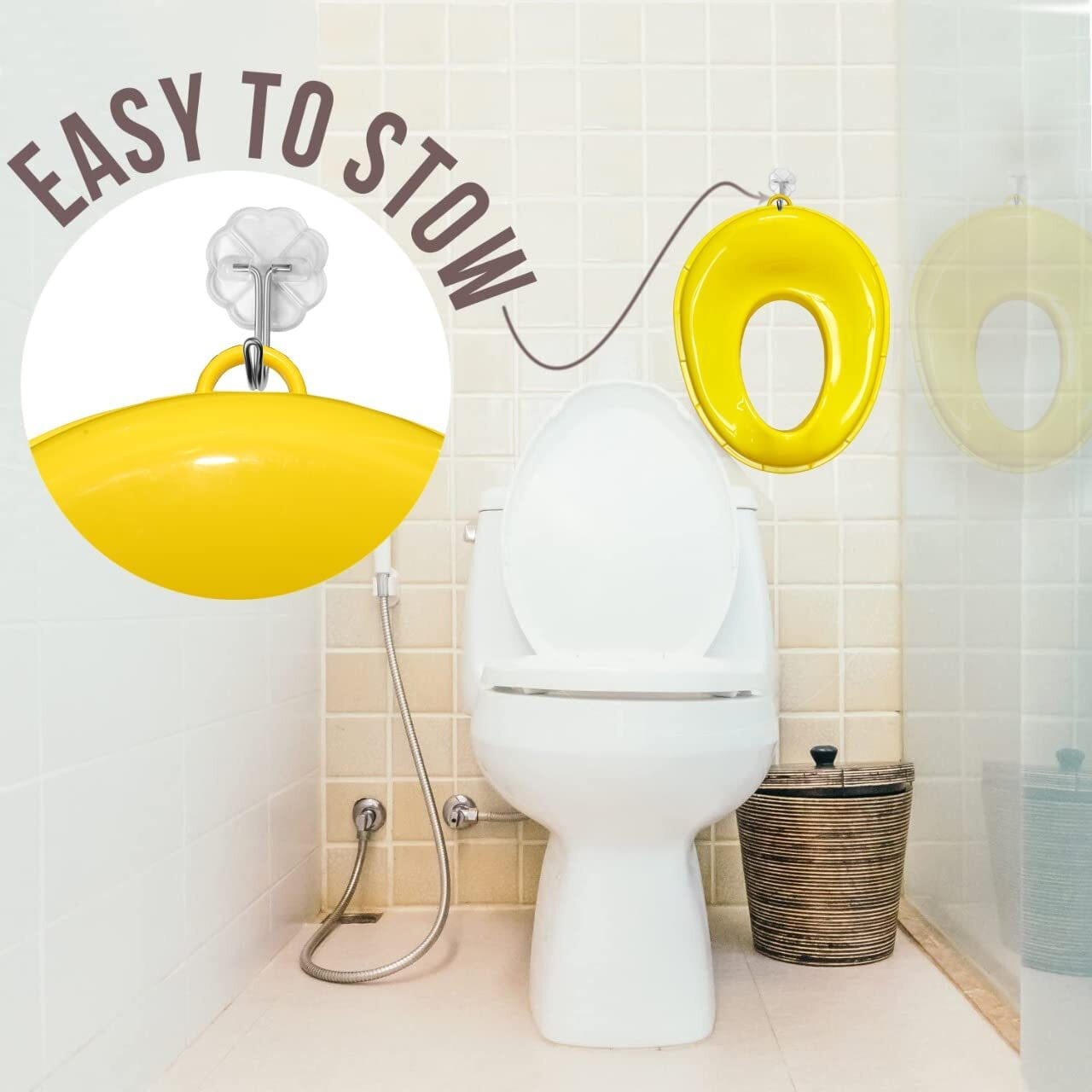 Techhark Plastic Baby Potty Training Toilet Seat For Boys And Girls Kids, Non-Slip With Splash Guard, Fits Round & Oval Toilets, Free Includes Storage Hook (Yellow), 1 Count