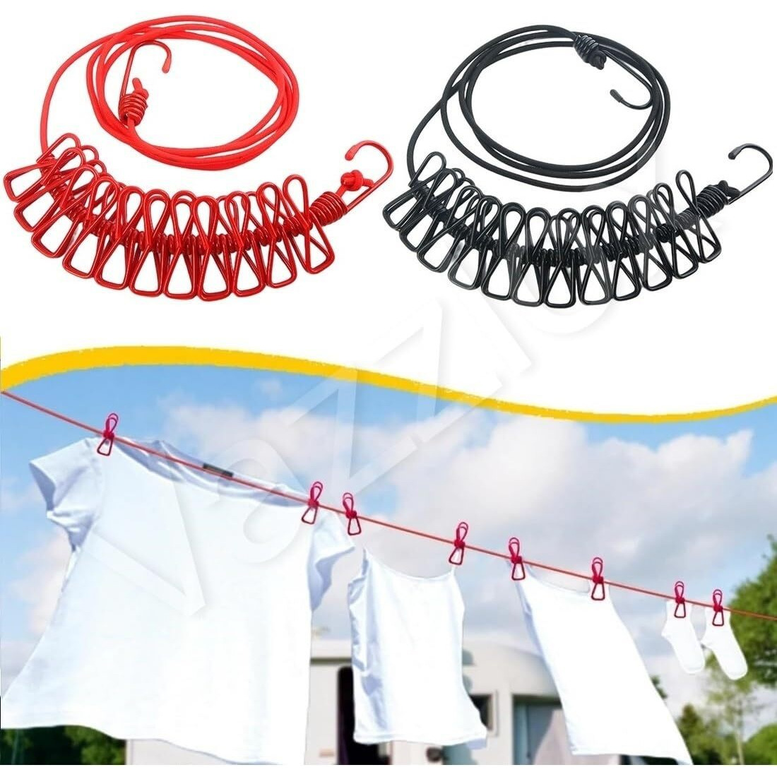 Vazzlox Cloth Drying Rope With Hooks (Pack Of 1) Elastic Cloth Hanging Rope For Cloth Drying With 12 Clips Cloth Rope For Drying Clothes For Travel Home Outdoor Kapde Sukhane Ki Rassi Wire -Multicolor