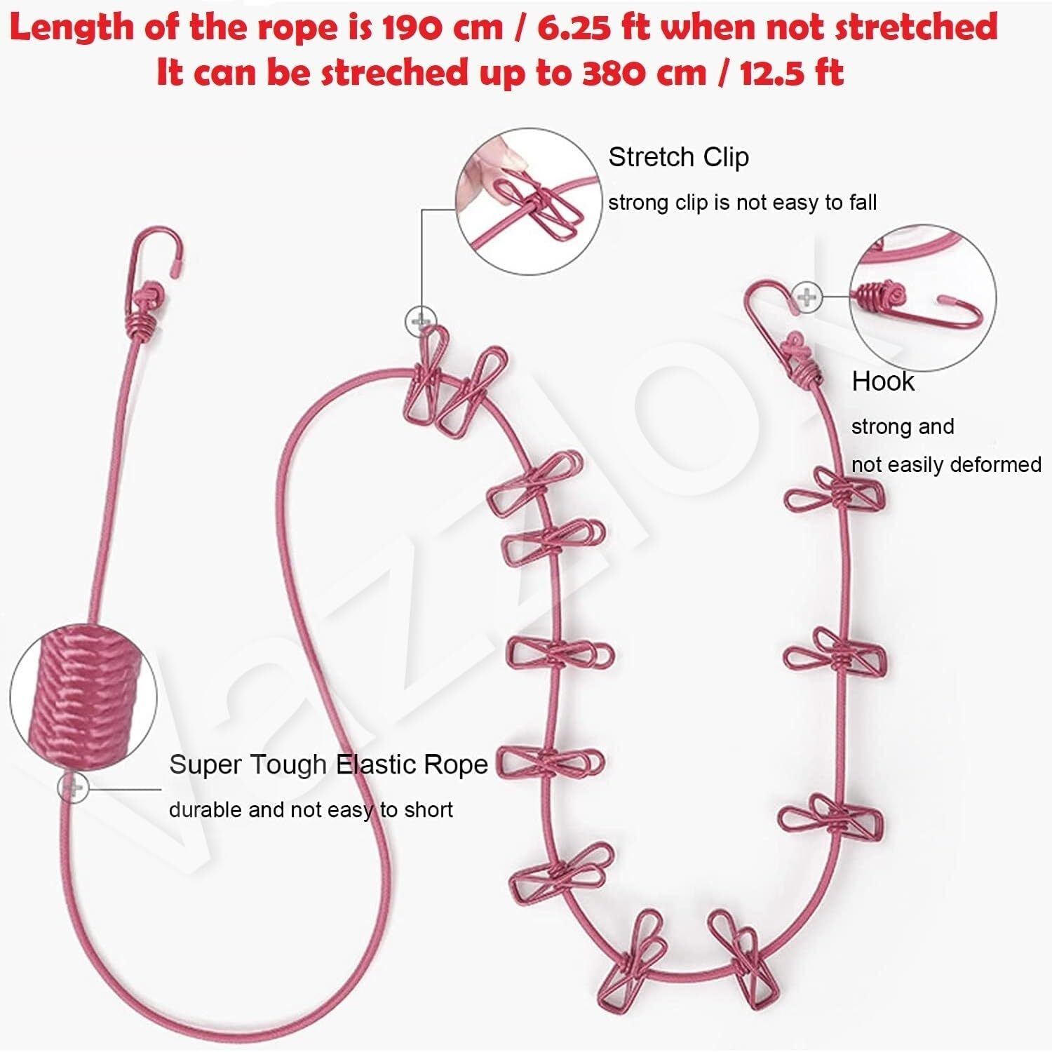 Vazzlox Cloth Drying Rope With Hooks (Pack Of 1) Elastic Cloth Hanging Rope For Cloth Drying With 12 Clips Cloth Rope For Drying Clothes For Travel Home Outdoor Kapde Sukhane Ki Rassi Wire -Multicolor