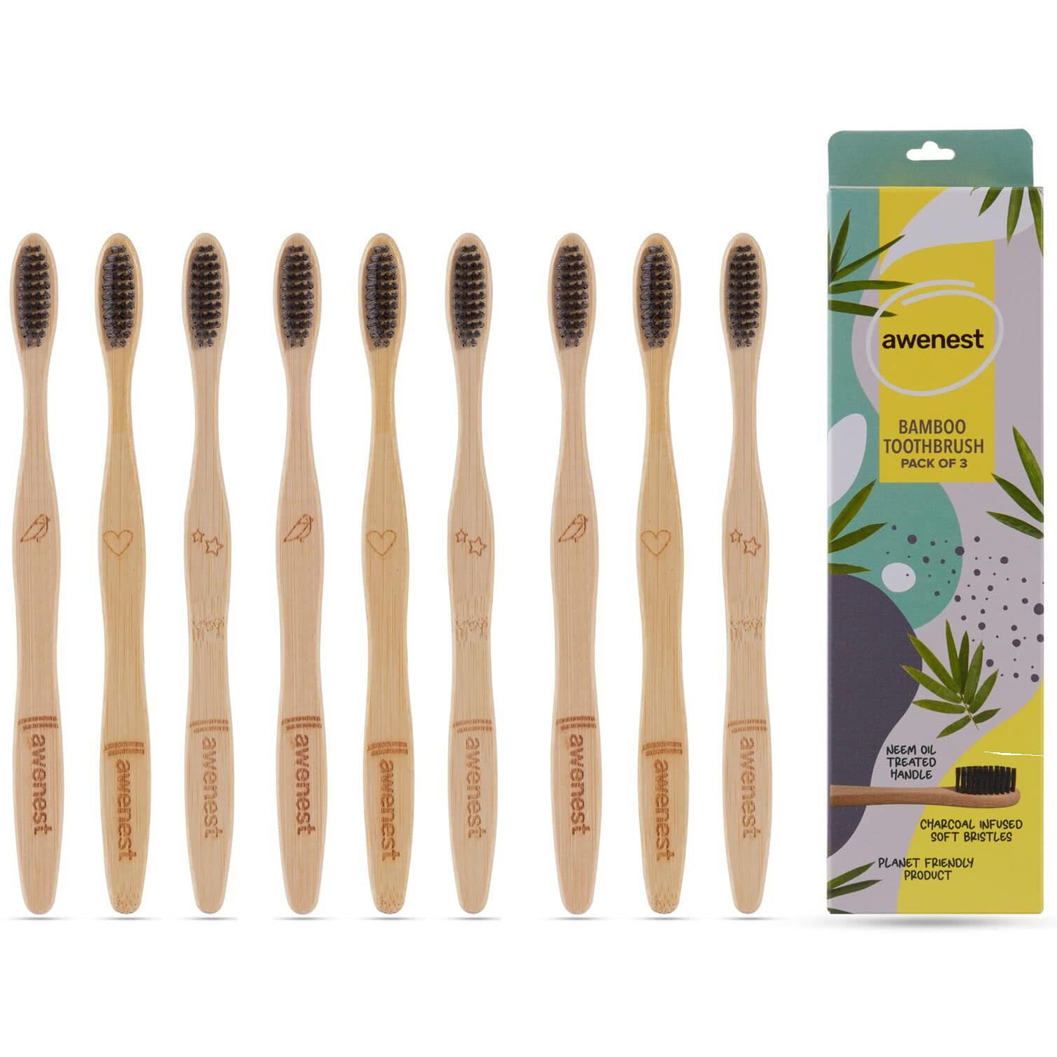 Awenest Bamboo Toothbrush With Charcoal Activated Soft Bristles - Pack Of 9 | Treated With Neem Oil | For Fungus Protection | Bpa Free, Biodegradable And Compostable Handle | Eco-Friendly |