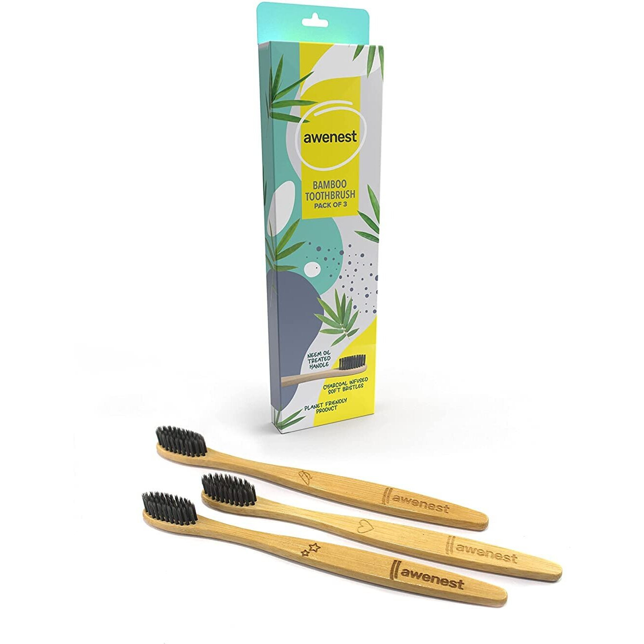 Awenest Bamboo Toothbrush With Charcoal Activated Soft Bristles - Pack Of 9 | Treated With Neem Oil | For Fungus Protection | Bpa Free, Biodegradable And Compostable Handle | Eco-Friendly |