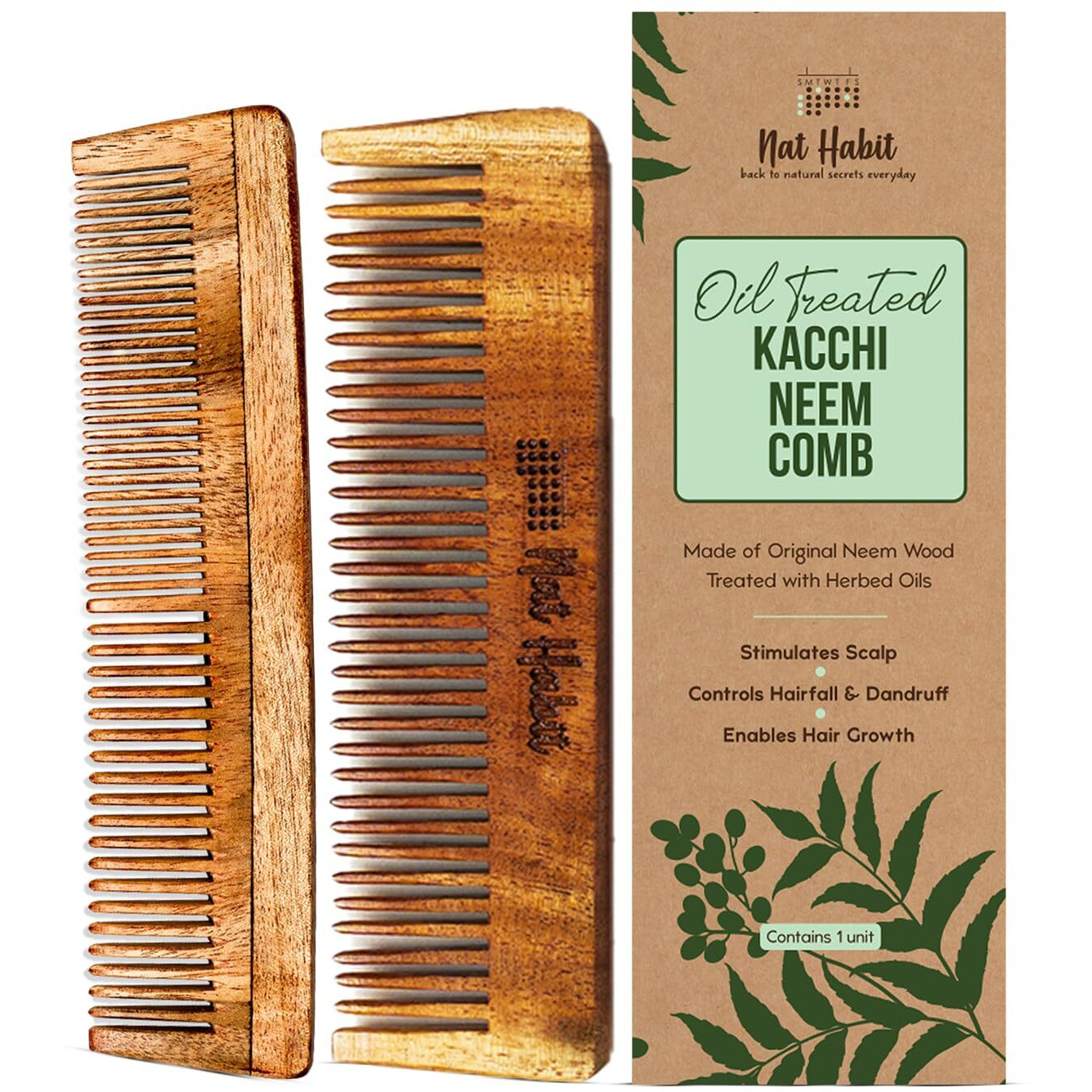 Nat Habit Kacchi Neem Wooden Pocket Comb - Soaked In 17 Herbs, Neem & Sesame Oil - Pocket-Sized & Travel-Friendly For Men & Kids Short Hair (Fine + Dual Tooth)