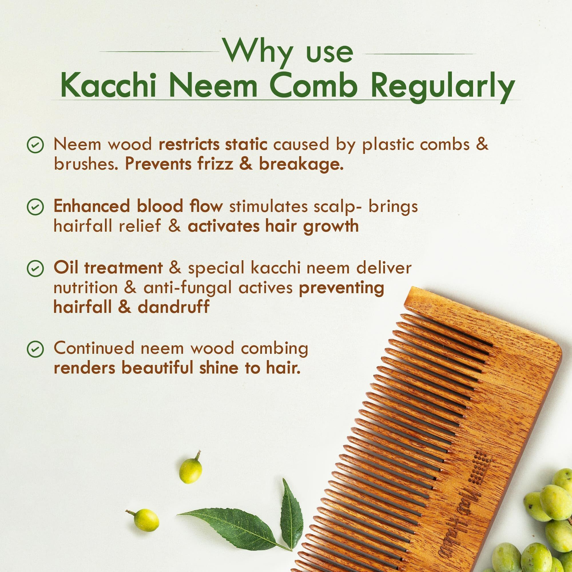 Nat Habit Kacchi Neem Wooden Pocket Comb - Soaked In 17 Herbs, Neem & Sesame Oil - Pocket-Sized & Travel-Friendly For Men & Kids Short Hair (Fine + Dual Tooth)