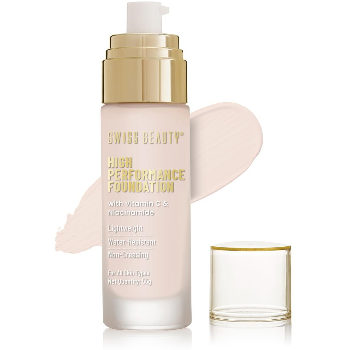 Swiss Beauty High Performance Liquid Dewy Foundation For All Skin Type | Water-Resistant | Medium To Buildable Coverage | Lightweight | Easy To Blend | With Vitamin C & Niacinamide | 01 White Ivory, 55G
