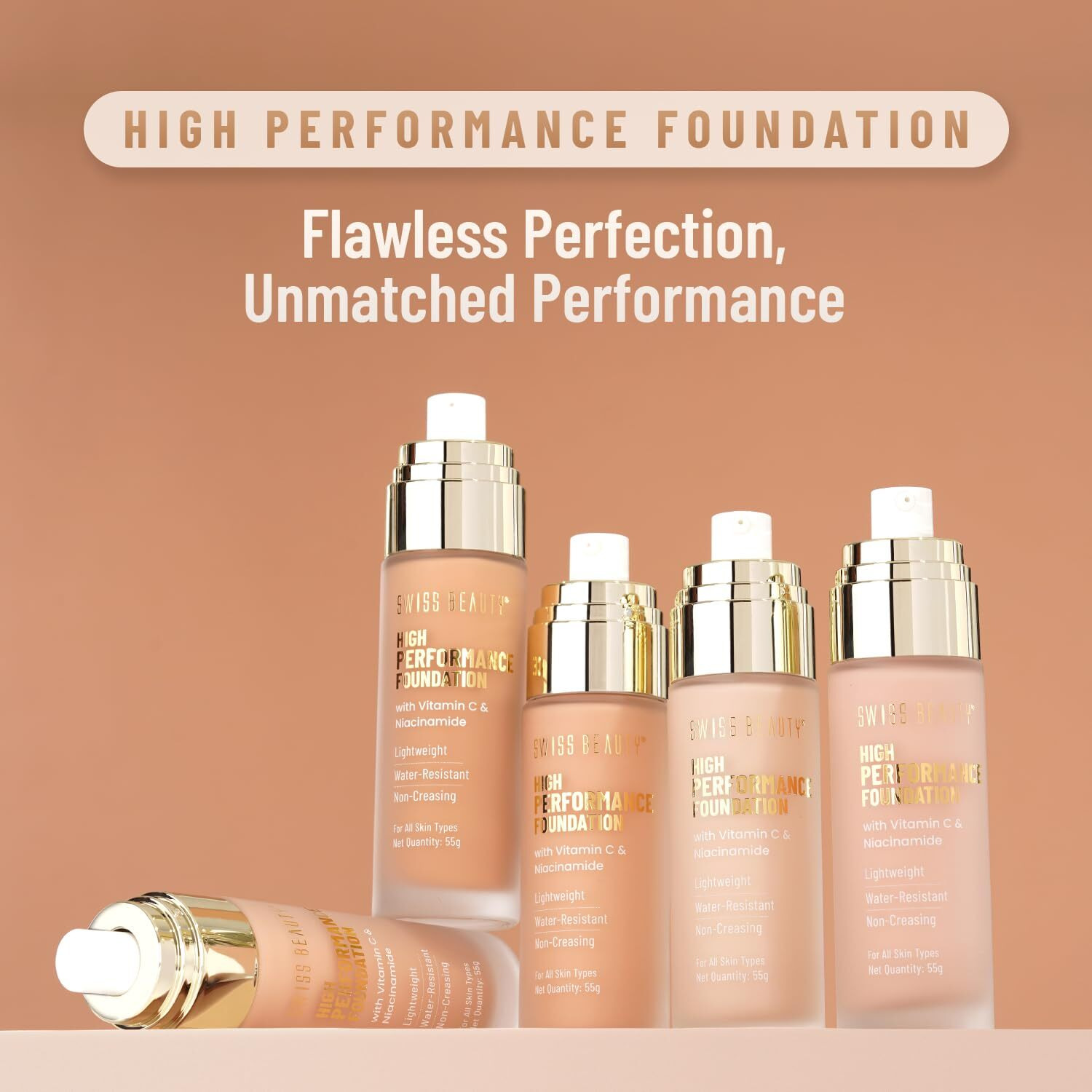 Swiss Beauty High Performance Liquid Dewy Foundation For All Skin Type | Water-Resistant | Medium To Buildable Coverage | Lightweight | Easy To Blend | With Vitamin C & Niacinamide | 01 White Ivory, 55G
