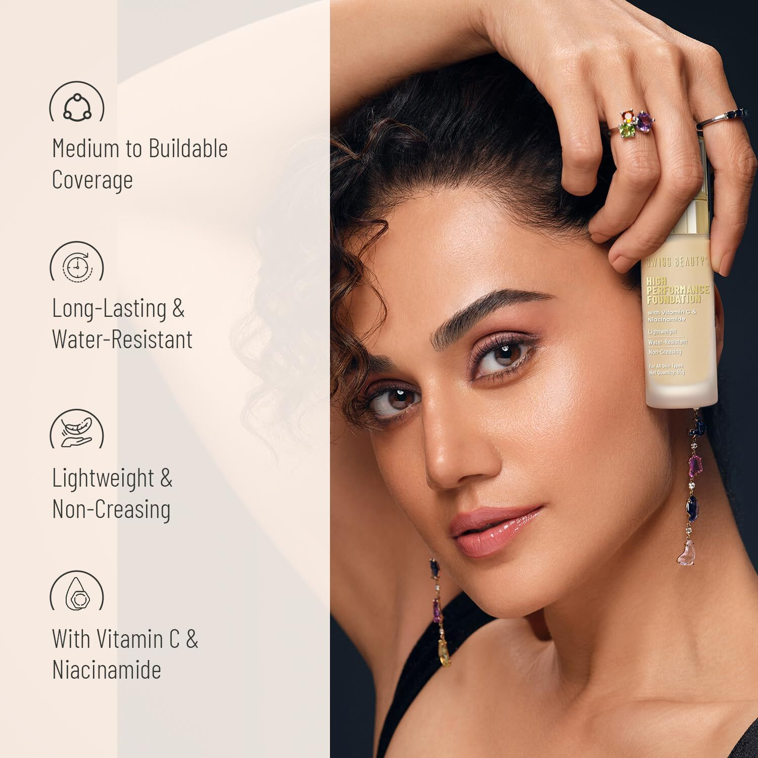 Swiss Beauty High Performance Liquid Dewy Foundation For All Skin Type | Water-Resistant | Medium To Buildable Coverage | Lightweight | Easy To Blend | With Vitamin C & Niacinamide | 01 White Ivory, 55G