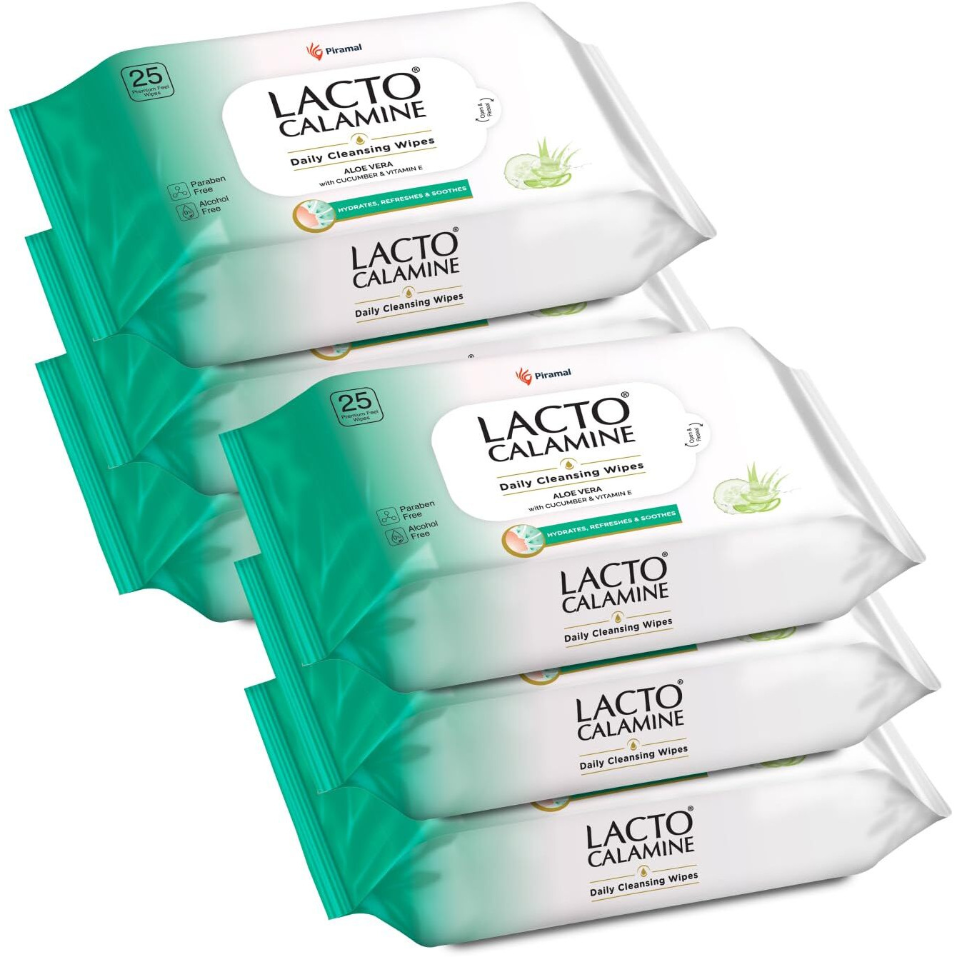 Lacto Calamine Daily Cleansing Facial Wipes 25N Each - Pack Of 6 | Wet Wipes For Face With Aloe Vera, Cucumber & Vitamin E | Makeup Remover Wipes| Hydrating,Refreshing, Soothing|Paraben & Alcohol Free