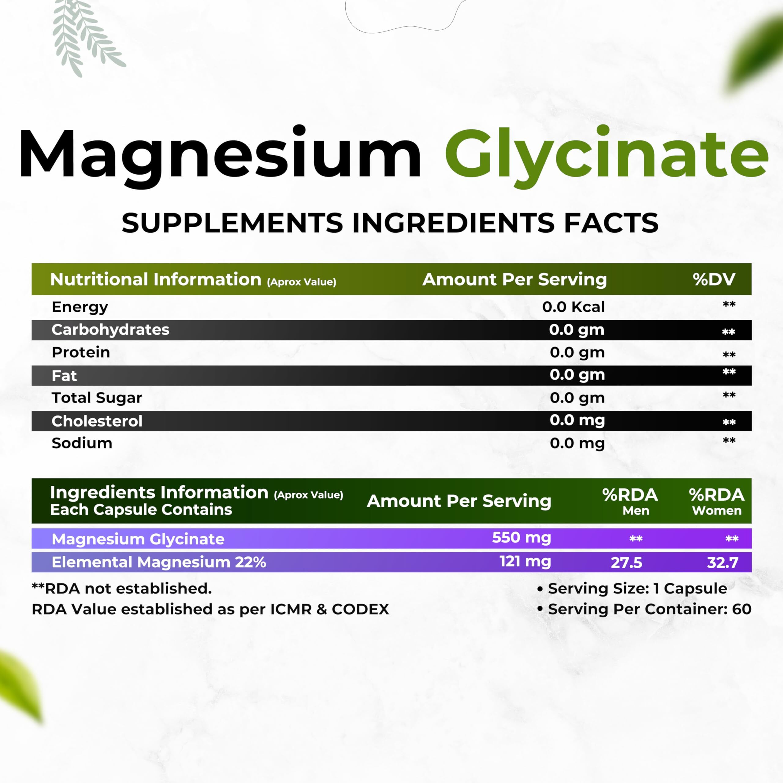 Health Veda Organics Private Limited High Absorption Magnesium Glycinate, 550Mg | 60 Veg Capsules | Supports Nerve & Muscle Health | Improves Sleep Quality | For Both Men & Women