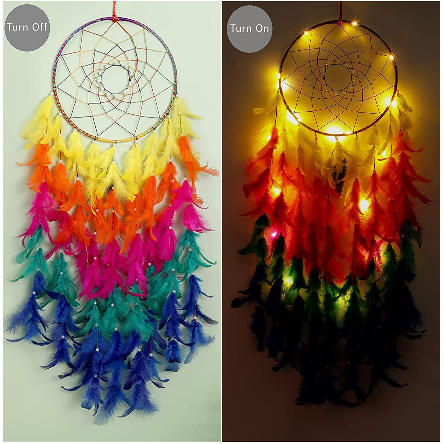 Ilu Dream Catcher With Lights, Wall Hangings, Crafts, Home Dcor, Handmade For Bedroom, Balcony, Garden, Party, Caf, Decoration, Wedding, Decorative, Multi Feathers (21 Cm Diameter)